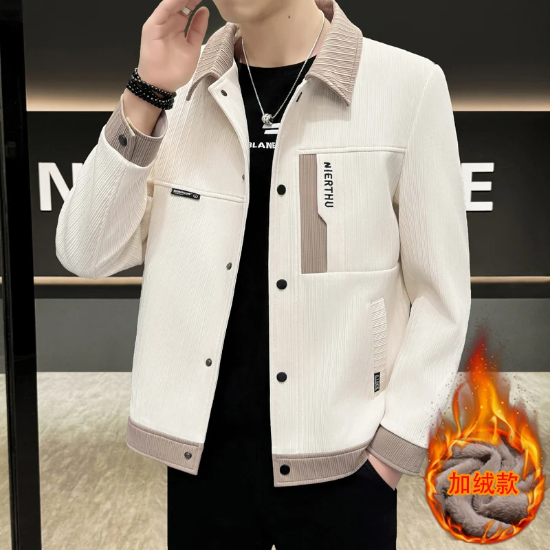 Fashion Men\'s Slim Turn-Down Collar Fleece Jackets 2026 Autumn Winter Youth Streetwear Windproof Warm Button Plush Parkas Coats