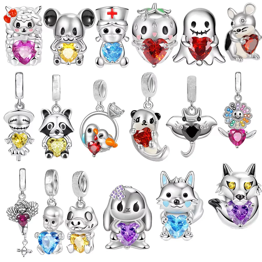 Embraces Heart Gemstone Series Lovebirds，Rabbit，Wolf Charm Bead Fit Original 925 Sterling Silver Bracelet Women Jewelry