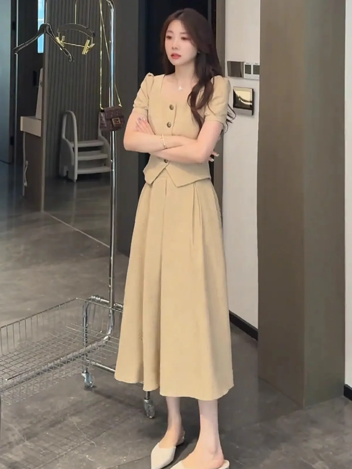 

Модный комплект с пышной юбкой, квадратным воротником и коротким рукавом, женская одежда, элегантный женственный стиль, летняя новинка