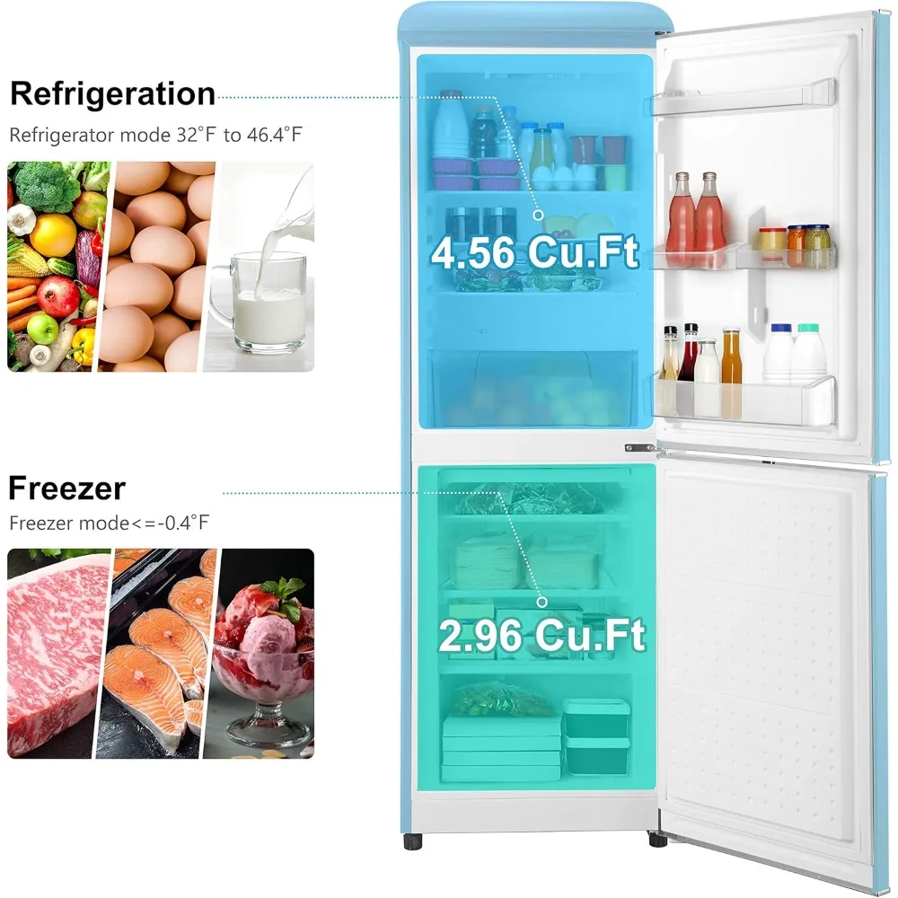 Frost Free, Dual Door Fridge, Adjustable Electrical Thermostat Control, 7.4 Cu Ft, Blue