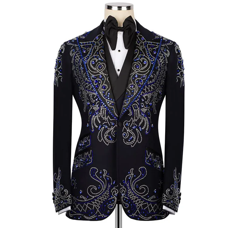 

Роскошные мужские костюмы Slim Fit с бриллиантовой отделкой, 2-х предметные комплекты, свадебные смокинги для жениха, блестящие мужские пиджаки для выпускного, индивидуальный пошив.