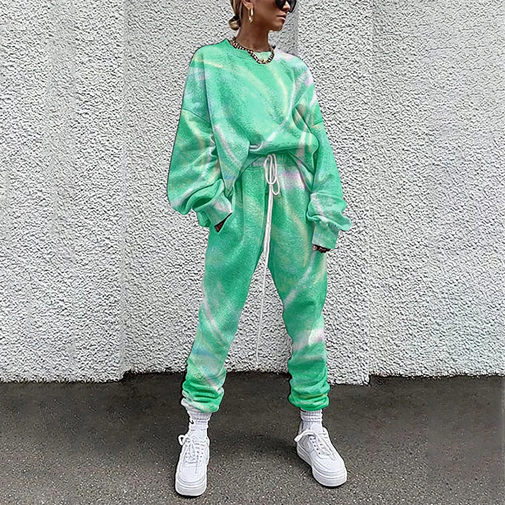 Women Tracksuit Color Print 2 Piece Outfit Sweatshirt+Straight Sweatpants Matching Set Fitness Sporty Streetwear 4XL