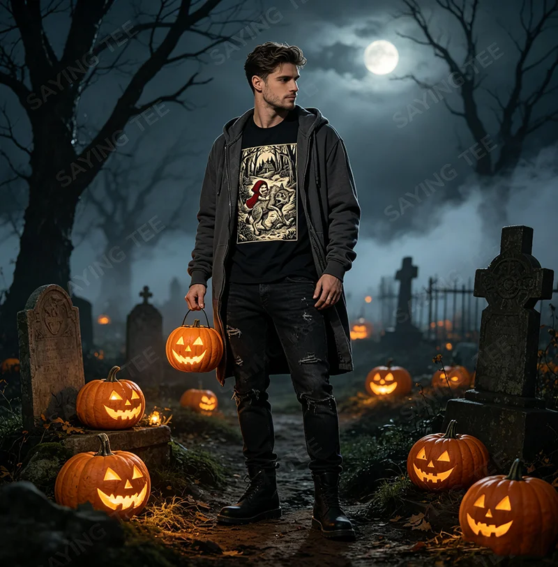 Rotkäppchen Humor ausgewickelte Geschichten T-Shirt Halloween-Kostüm Y2K Twisted Fairy Tale Holzschnitt-Grafik-T-Shirt Neuheit – Detail 3