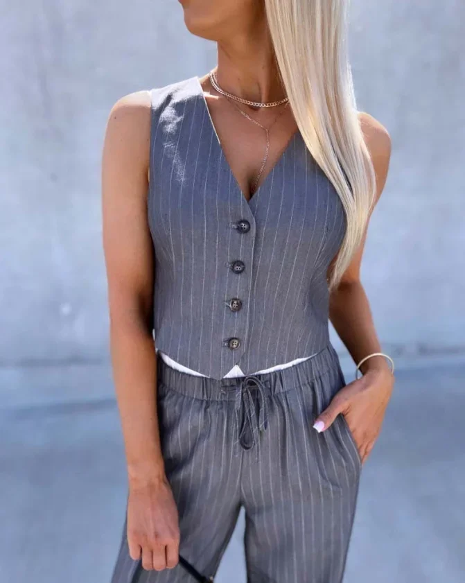 CPSYMYM 두 조각 세트 여성 복장 봄 줄무늬 v 넥 민소매 두꺼운 스트랩 탱크 묶인 세부 작업 스트레이트 바지 세트