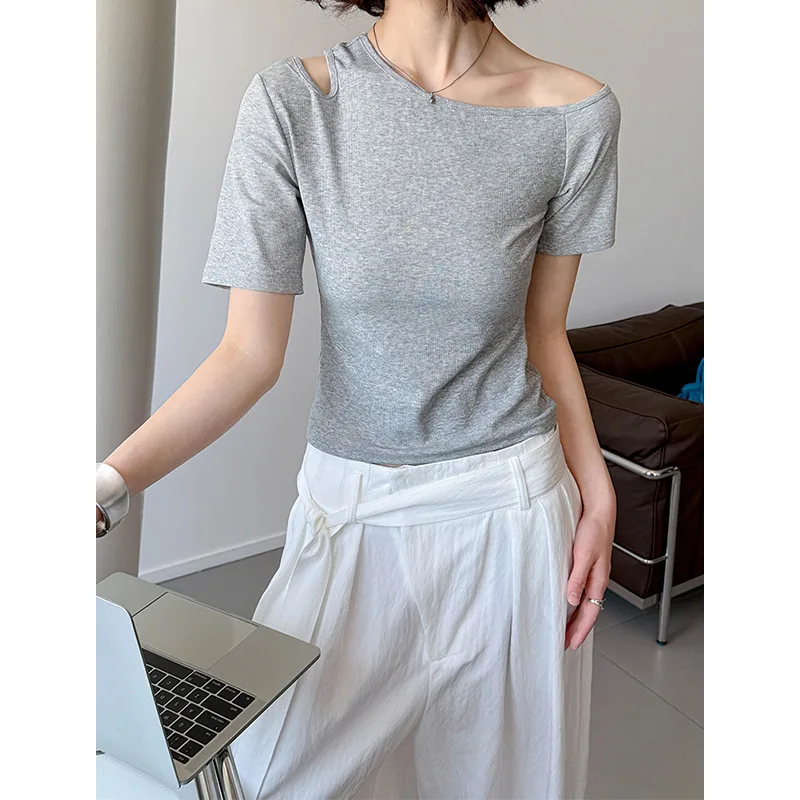Spring New Design Off-shoulder Top T-shirt One-Shoulder Asymmetric Slim and Short Sleeve