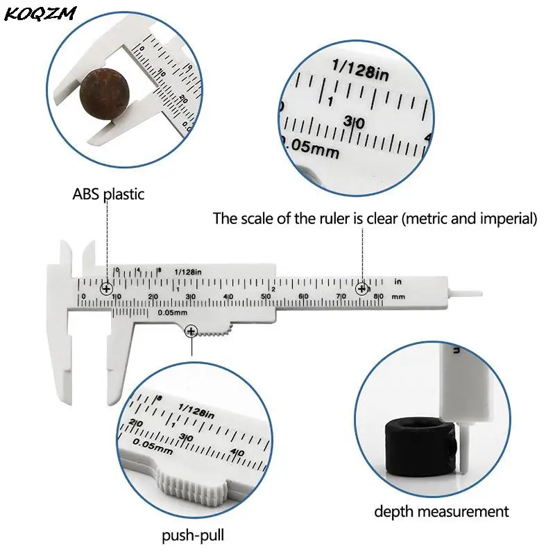 Medição plástica portátil de sobrancelha Vernier Caliper, Régua, Ferramentas de Medição Permanente, Dupla Escala, Novo, 80mm, 2022