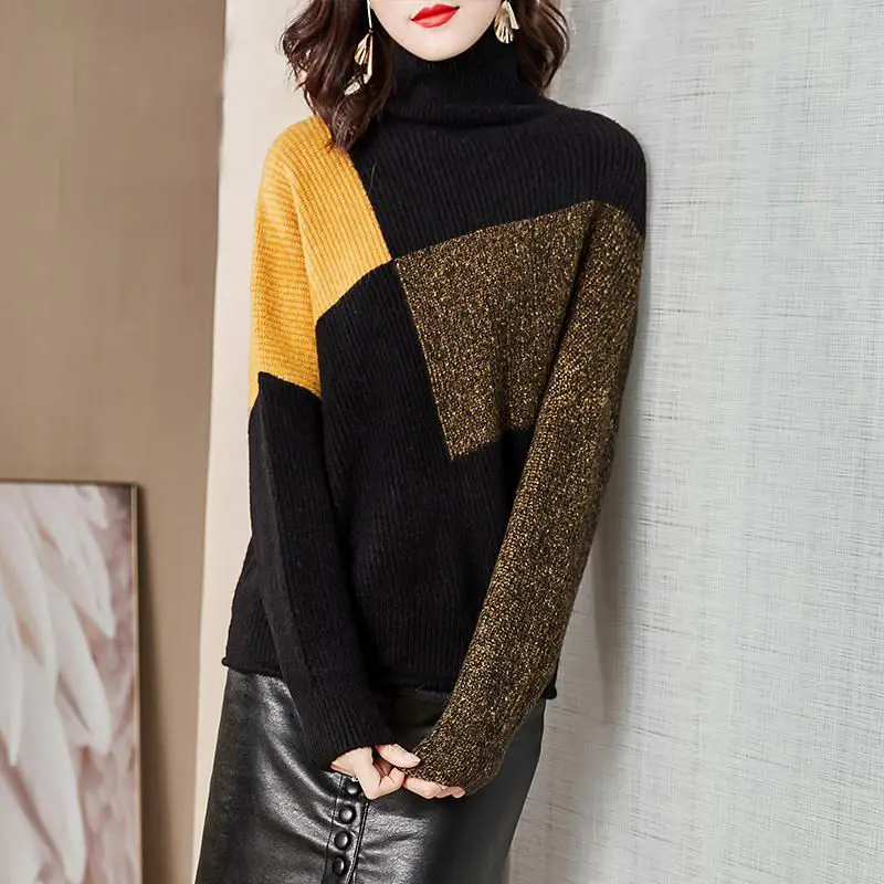 2023 Herbst Winter neue Vintage Kontrast farben Patchwork Strick pullover Mode lose Langarm lässig Roll kragen pullover