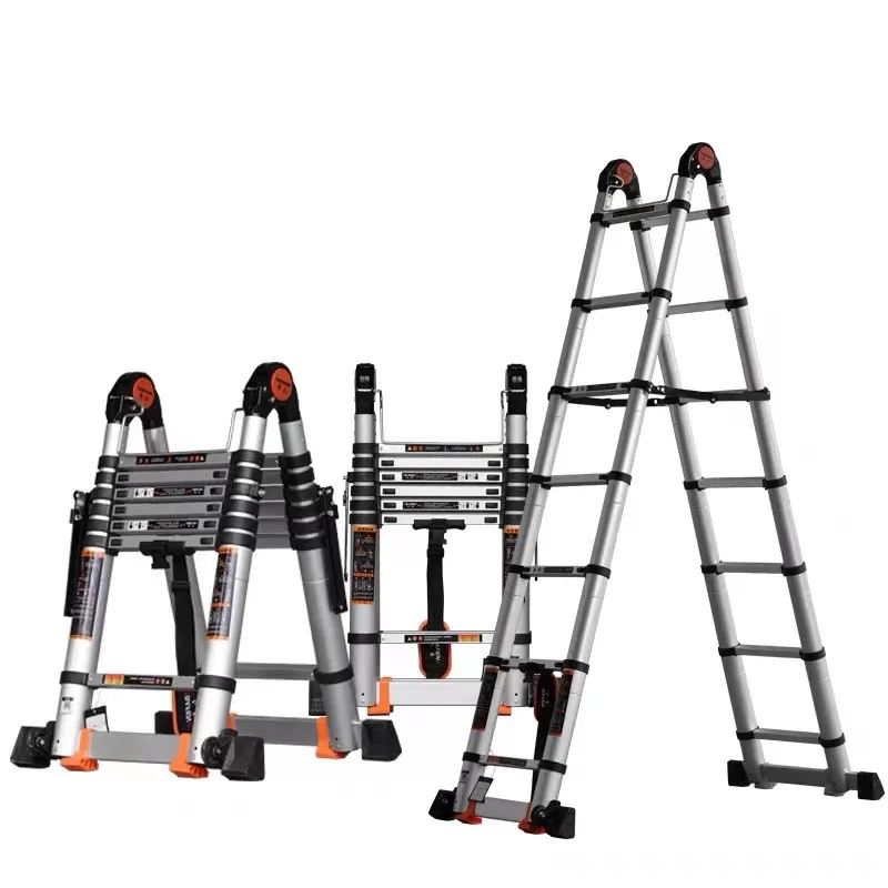 

Industrial Style Aluminum Telescopic Folding Ladder with Stabilizer Bar Wheels Ladder Rack Multifunctional Extension Ladder