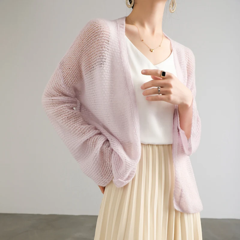 

Fashion New Summer Hollow Out Cashmere Mulberry Silk Thin Knitted Cardigan Women's Shawl Sunscreen Coat Air Conditioning Shirt