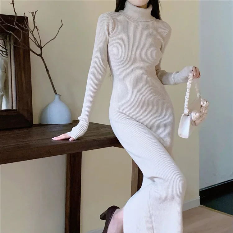 

7175 Spring New Dragon Fruit Color Brightening And Youthful Pile Collar Slit Over-The-Knee Inner Long Dress For Women