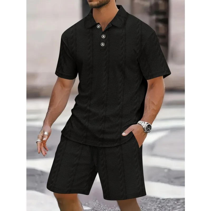 

Men's Cable Knit 2-Piece Set Light Blue Polo Collar Short Sleeve Top and Matching Drawstring Shorts