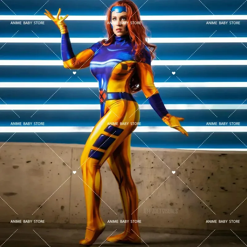 l2025l Halloween X-Men Jean Grey Costume for Women Jean Grey Dark Phoenix Cosplay Bodysuit Superhero Zentai Party Bodysuit Hallo