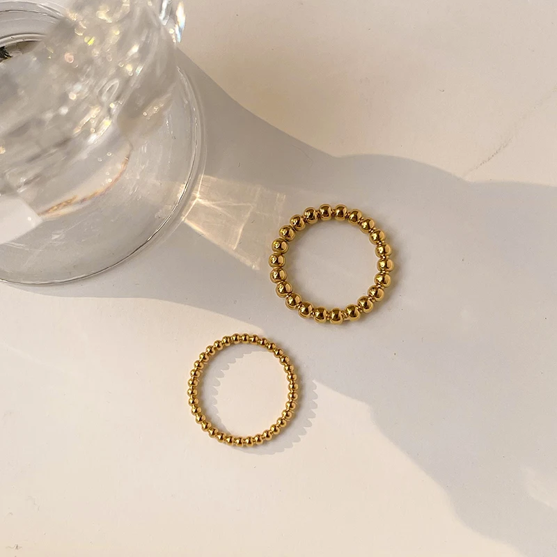 Ins Fashion Solid Beaded Ring Waterproof Jewelry Titanium Steel Golden Metallic Sphere Daily Stacker Ring for Women