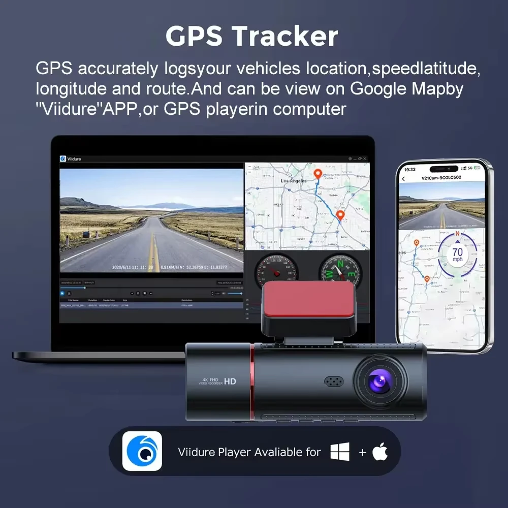 كاميرا داش 4K 3 قنوات، نظام تحديد المواقع المدمج واي فاي 5 جيجا هرتز مع بطاقة 64 جيجا بايت 2160P + 1080P + 1080P كاميرا سيارة ثلاثية أمامية وخلفية داخلية مع 3