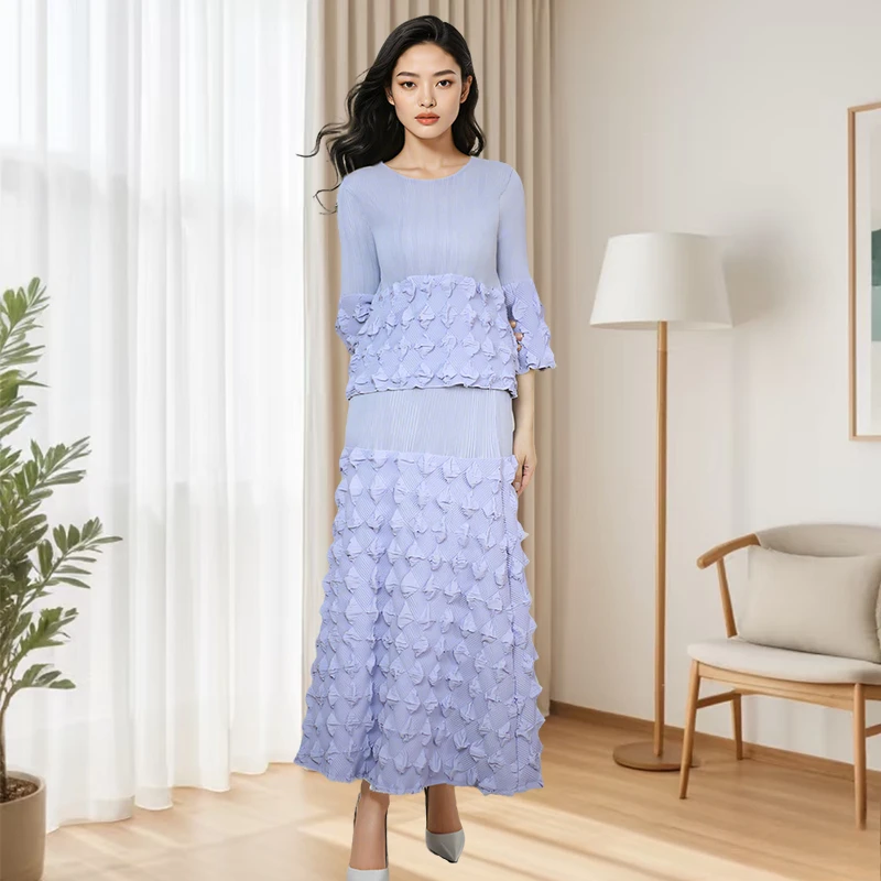

Miyake Pleated Skirt Suit Women Design Bubble Seven-minute Sleeve Blouse Fashion with Half-body Skirt 2025 Spring New Clothing