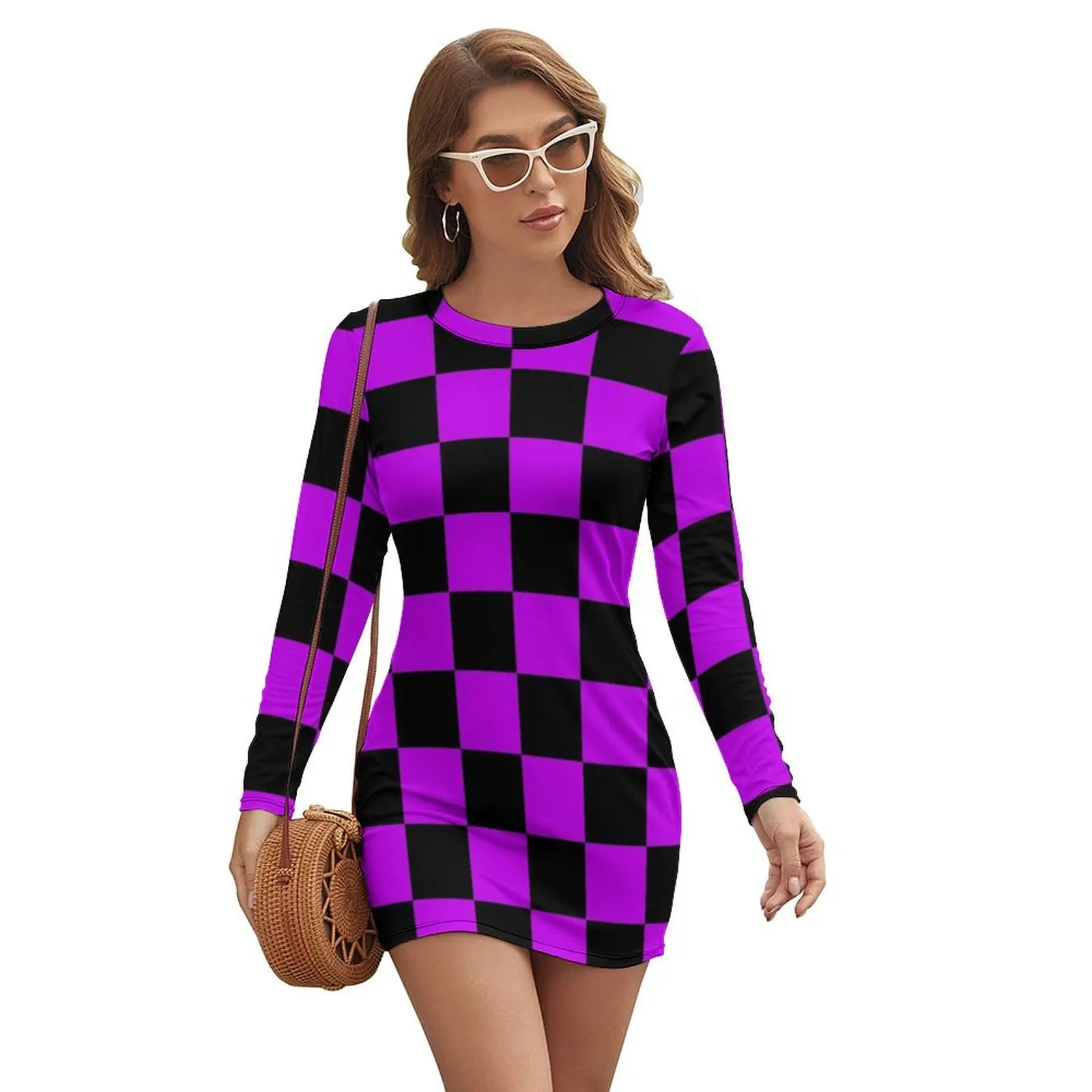 

Black and Purple Checkerboard Pattern Long-sleeved Dress womens dress Women's summer dresses Women's summer dress