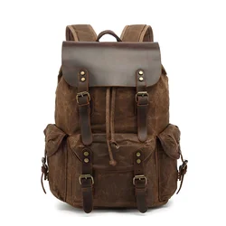 Casual Oil Wax Canvas Backpacks Vintage Waterproof Large Capacity Travel Bag Women Mochila Leather Laptop Drawstring Rucksack