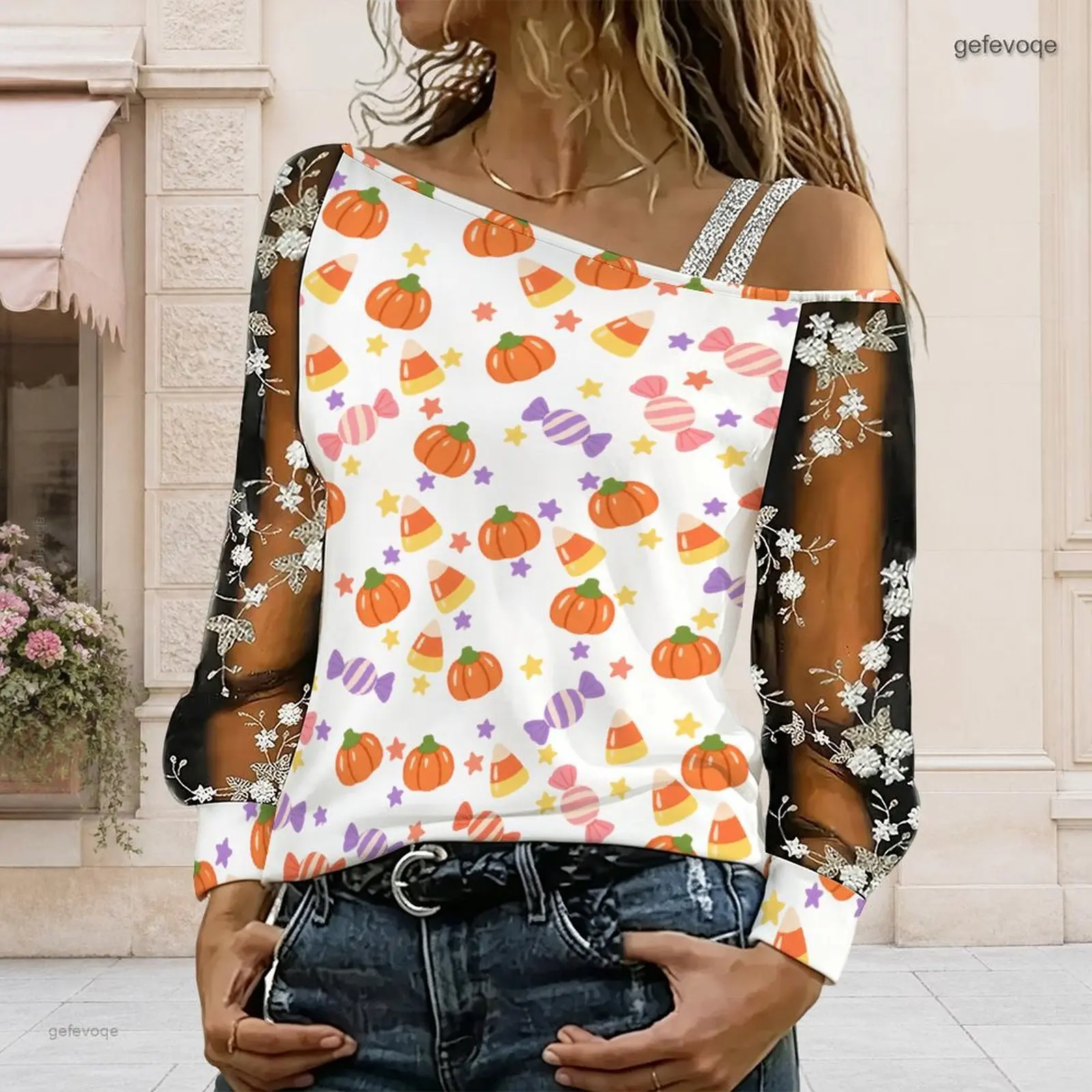 Women Printed Spiders Spider Webs Star Asymmetric Cold Shoulder Long Sleeve Top with Sheer Floral Mesh Sleeves