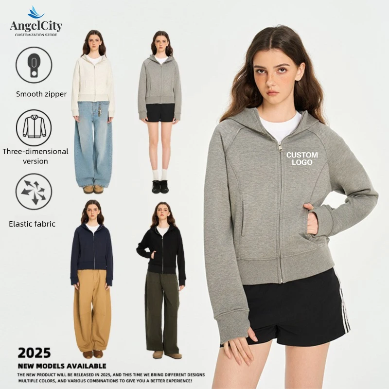 

Personalized Custom Hooded Cardigan Sweatshirt For Spring And Autumn Women Solid Color Slim Fit Gray Short Jacket Printed Name
