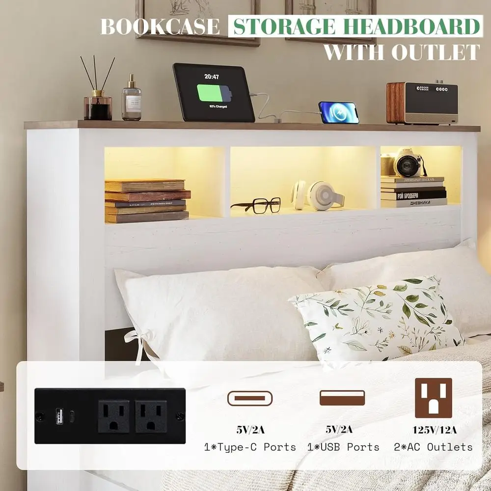 سرير تخزين بحجم كوين مع خزانة كتب ولوح للقدمين ودعم شريحة خشبية - إضاءة LED بدون ضوضاء، لا يتطلب صندوق زنبركي، أبيض #4