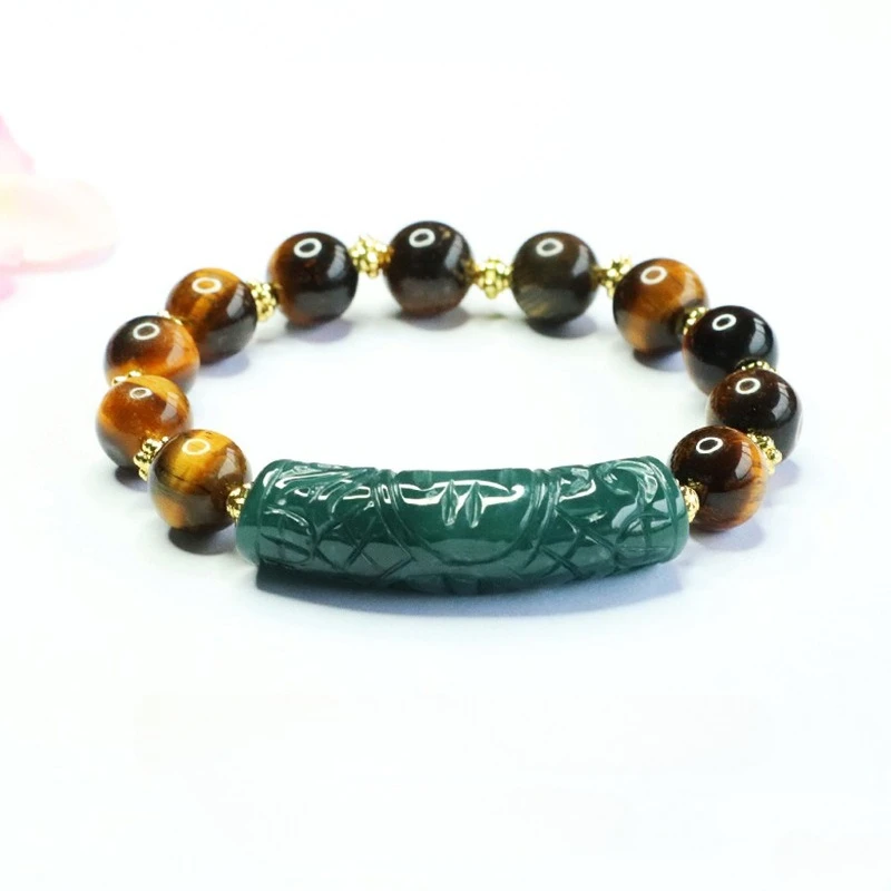 

Real Natural Emerald Blue Water Jade Bend Pipe Tiger's Eye Beads Bracelet Carved Charm Jadeite Jewelry Fashion Amulet Gift Women