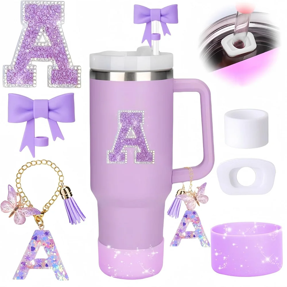 6-teiliges Zubehör-Set für Stanely 30oz 40oz Tumbler inklusive glitzerndem Anfangsaufkleber 10mm Stroh-Topper-Abdeckung, Harz-Buchstaben-Charm