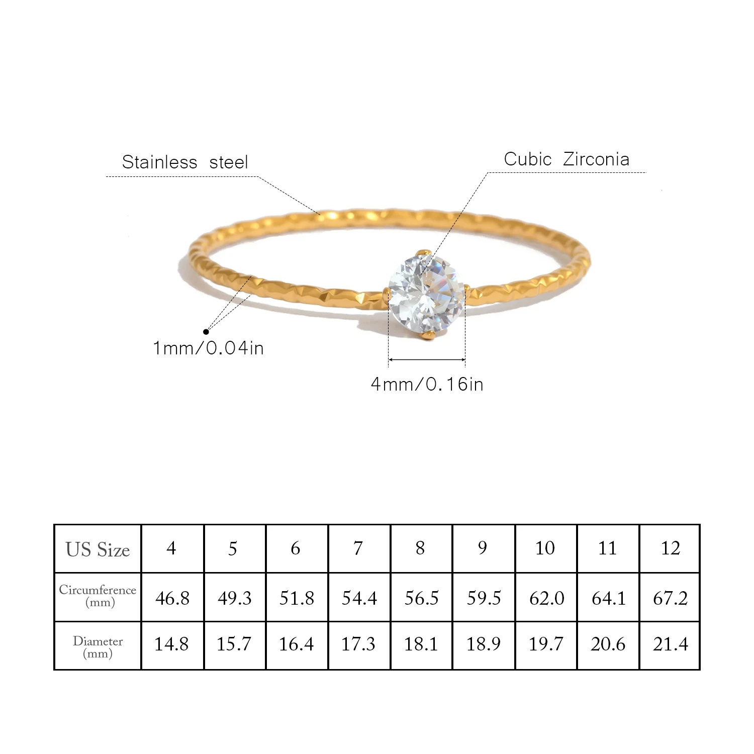 خاتم صغير رفيع للغاية للنساء، مصنوع من الفولاذ المقاوم للصدأ المطلي بالذهب الزركونيوم، مجوهرات بسيطة لا تسبب الحساسية