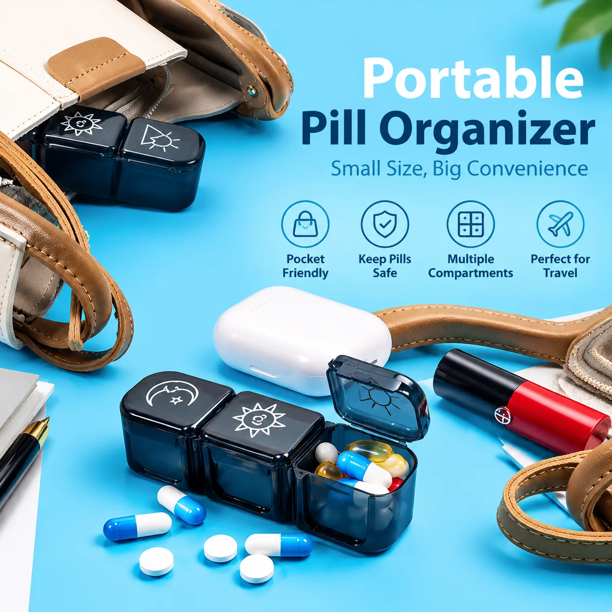 Morning Noon Evening Pill Organizer 3 Compartment Portable Medicine Box Multi Color BPA Free Sealed Drug Storage Case