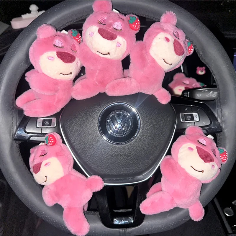 Strawberry Bear Plush Doll Disney Cute Lotso Electric Vehicle Rearview Mirror Toy Car Interior Accessories Wiper Handle Pendant