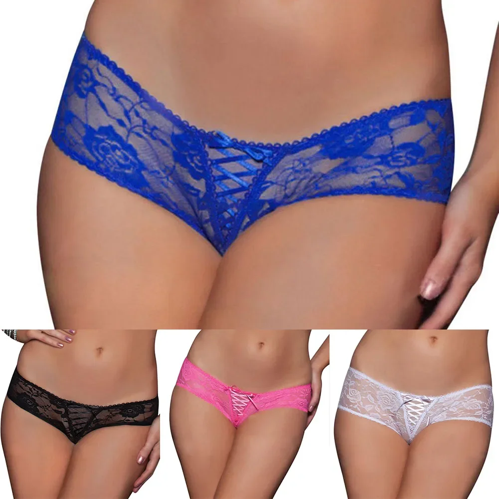 Sexy Women Lace Knickers Ultra-thin Mesh See Through Panties Low Rise Bikini Briefs Plus Size Solid Seduction Erotic Lingerie