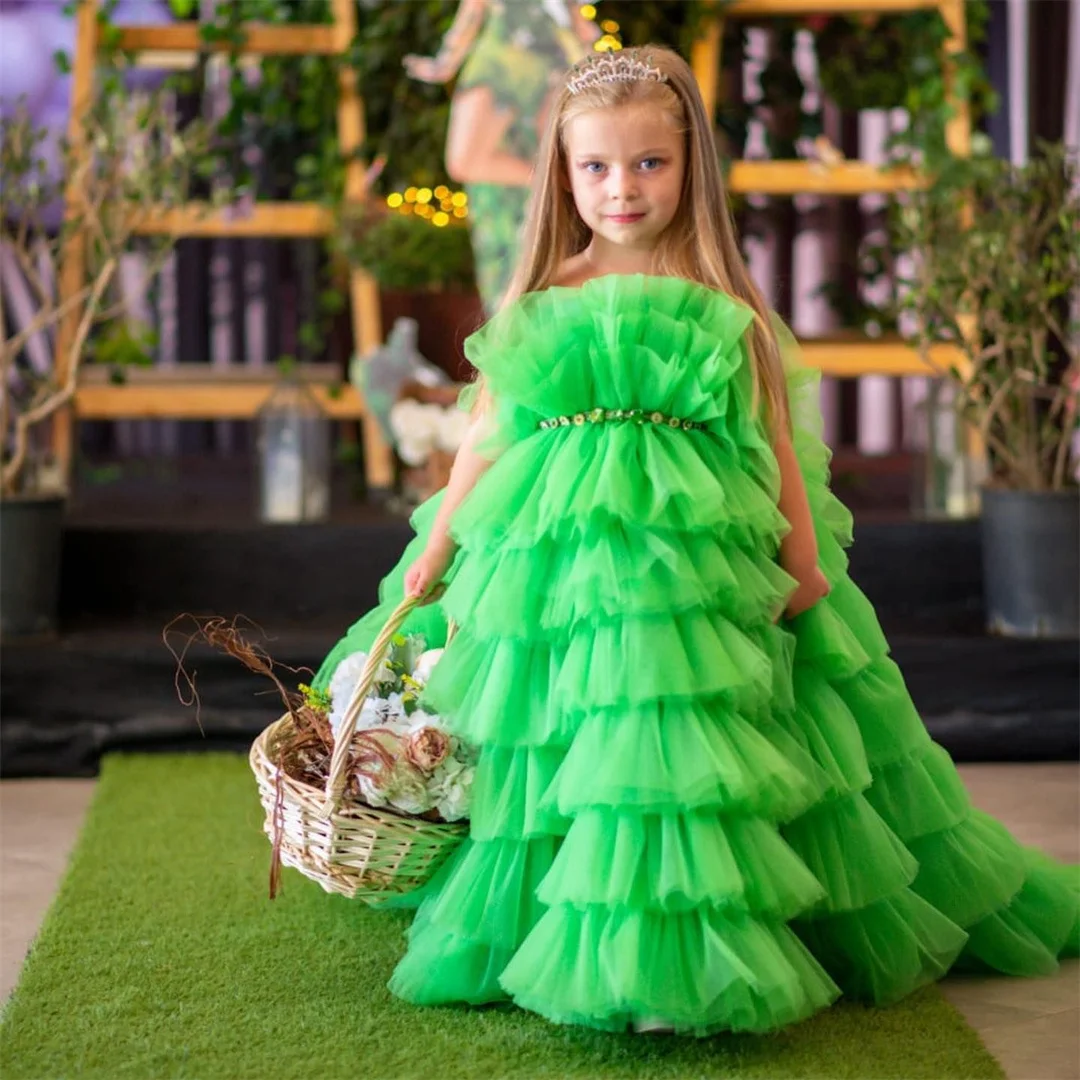 

Customized Green Layers Tulle Long Flower Girl Dresses A Line Beaded Puffy Skirt Kids Birthday Party Photoshoots Pageant Dress