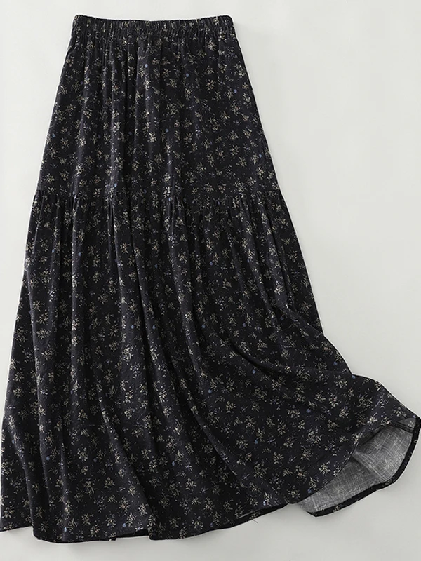 

Новая осенняя хлопково-льняная юбка-миди А-силуэта с цветочным принтом 2025 года, свободная модная женская юбка-солнце больших размеров, омолаживающая образ