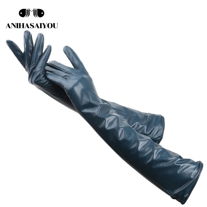 Guantes de cuero de piel de oveja para mujer, manoplas de invierno cálidas y sencillas, varios colores, 50cm de largo, gloves-2227C