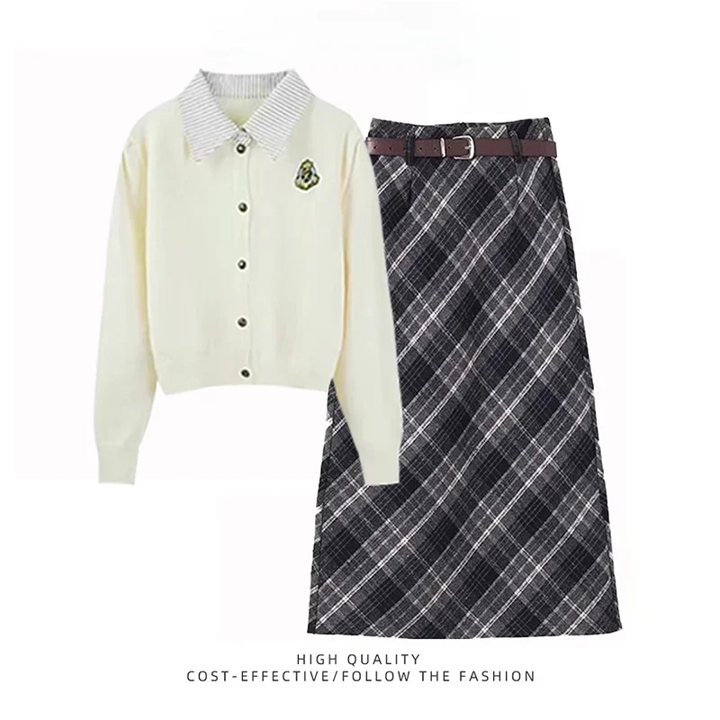 

Зимний вязаный свитер и клетчатая юбка, комплект из двух предметов, школьный дизайн, антивозрастной модный теплый полиэфирное волокно