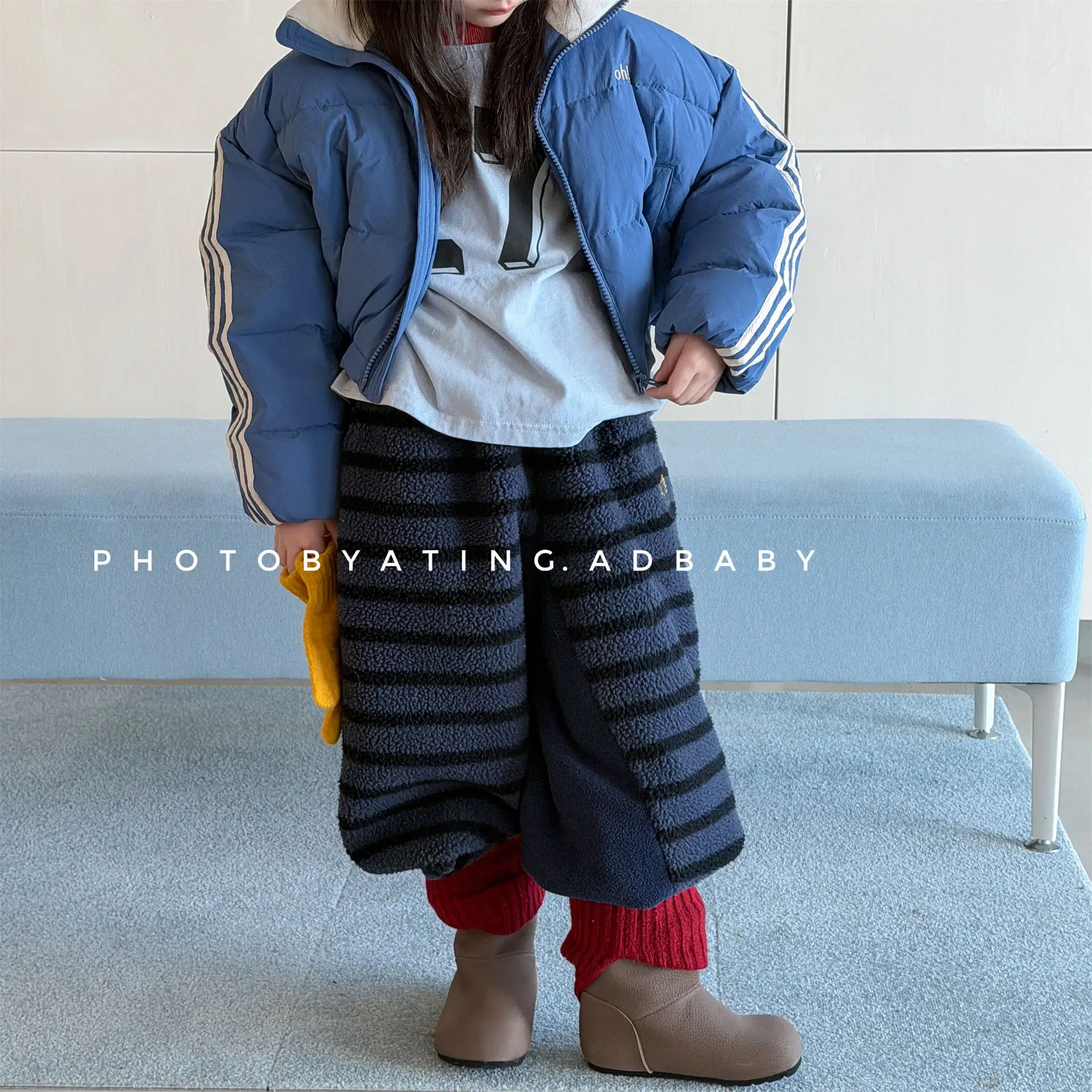 Children Striped Pant 2026 New Children's Clothing Girls' Korean Lamb Velvet Pants Boys' Autumn Winter Sport Pants 5