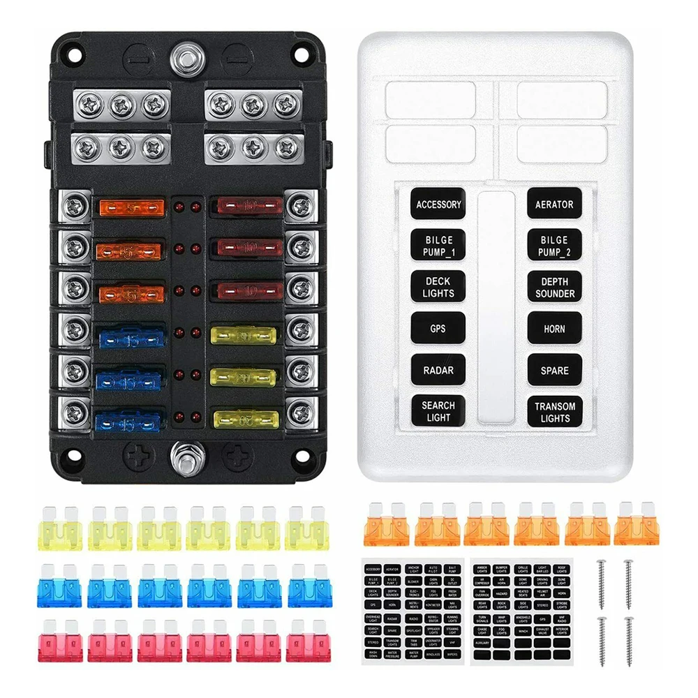 Universal 12 Way Blade Fuse Block 12V 32V Car Fuse Holder Box Marine Auto Fuse Connector Switch with LED Warning Indicator Light