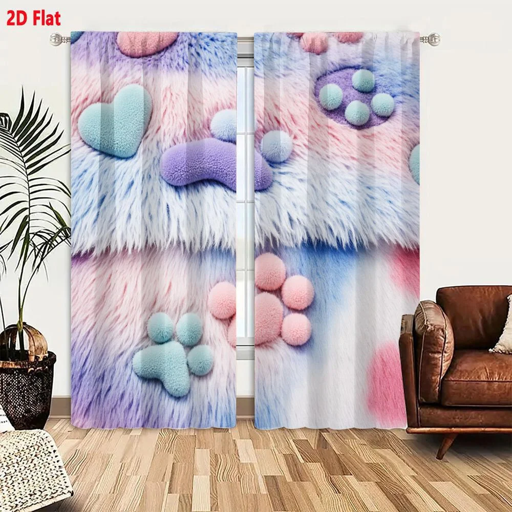 2Pcs Curtains 2D Flat Soft Plush Fabric Pastel Colors Pink Light Blue Purple With 3D Heart Paw Print Raised Rounded Design Whims