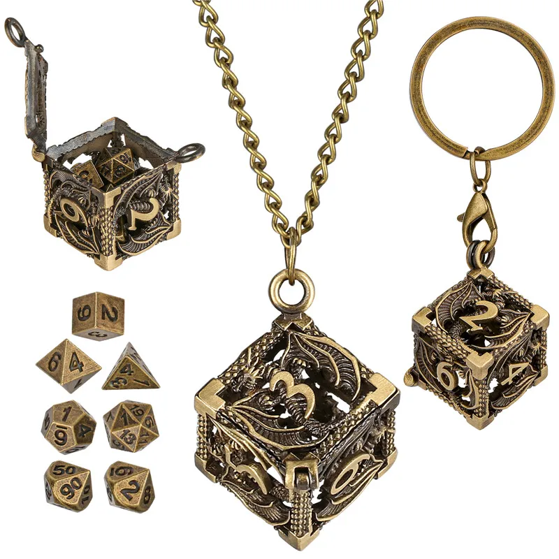 7 Metal Polyhedral Dice with Small Portable Keychain Hollow D6 Metal Box Table Role-Playing Game