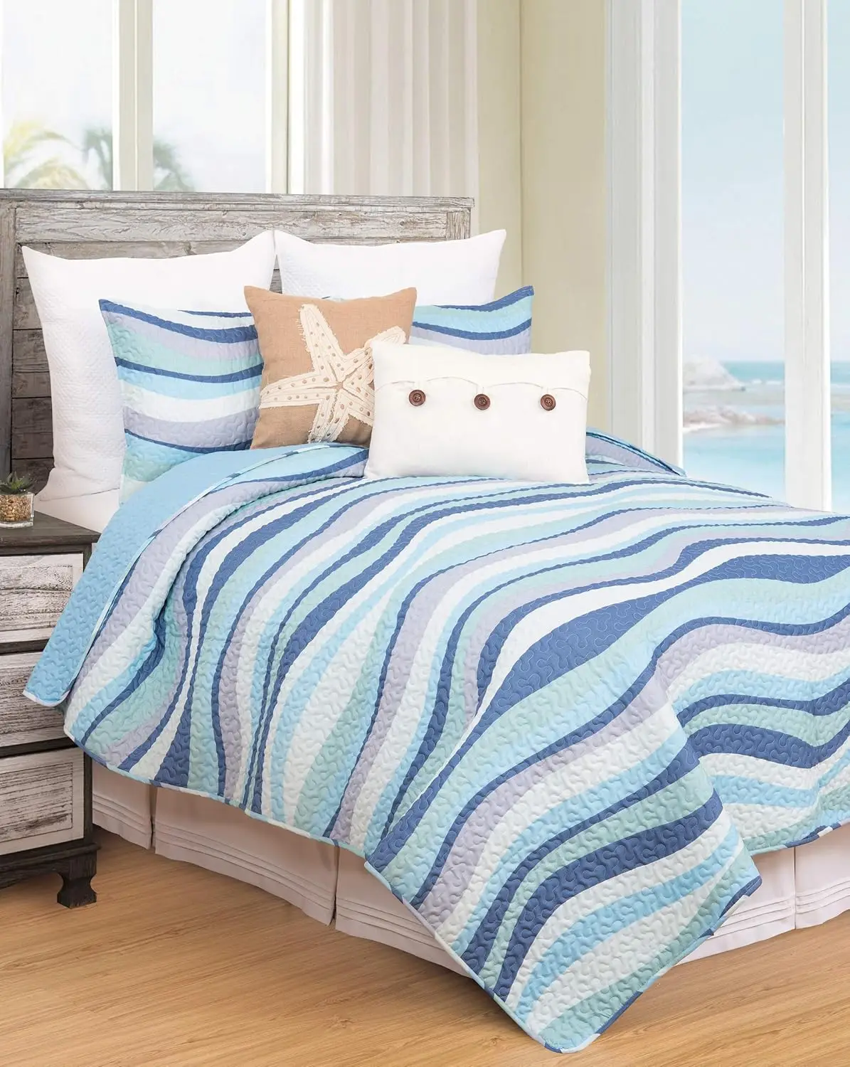 

Coastal Blue Ocean Wave Twin Reversible Coverlet Set with Sham Lightweight Quilt for Beach Theme Bedroom