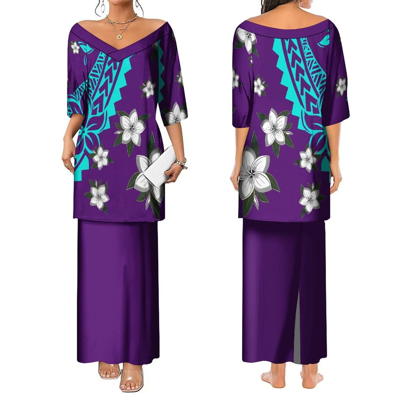 

Women'S V-Neck Dress Puletasi Dress Hawaiian Polynesian Tribe Design Women'S Dress Support Customization