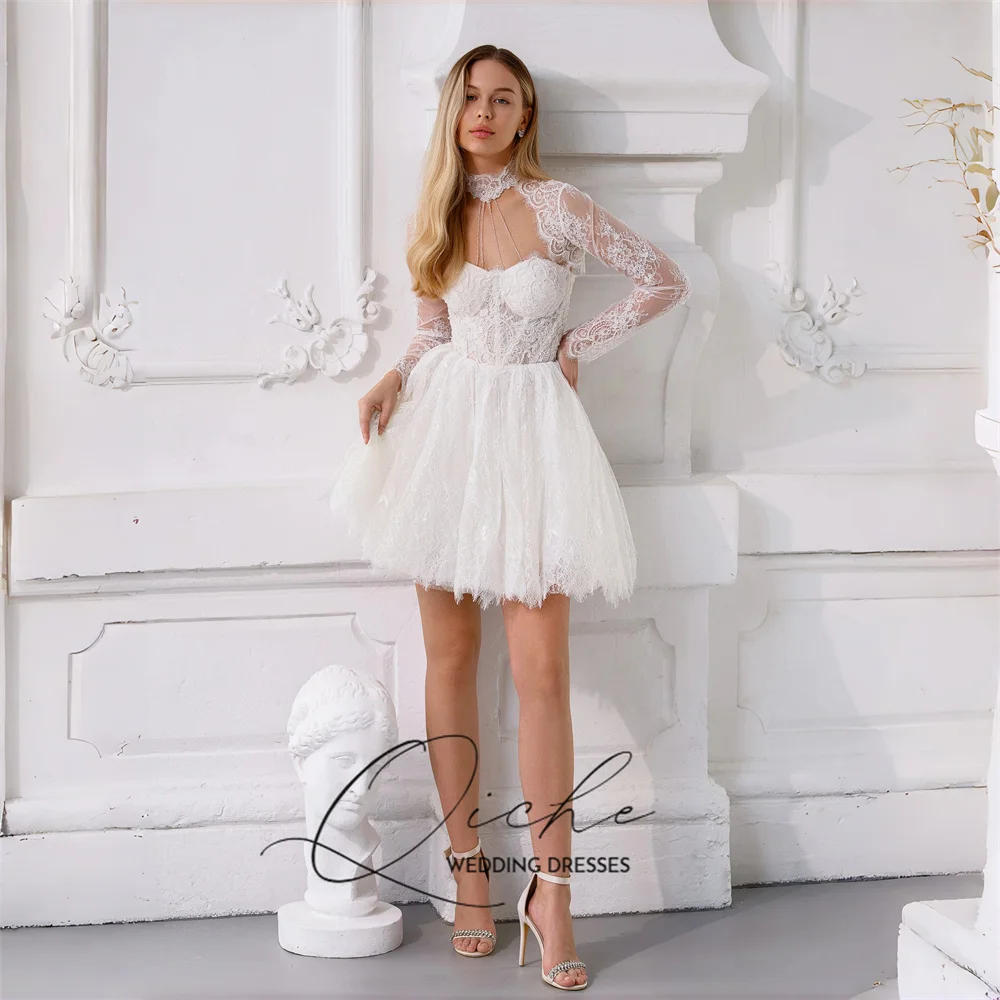 

Роскошное кружевное короткое свадебное платье QICHE А-силуэта для женщин, с длинными рукавами, высоким воротником, расшитое бисером, свадебное платье Vestidos De Noiva, на заказ