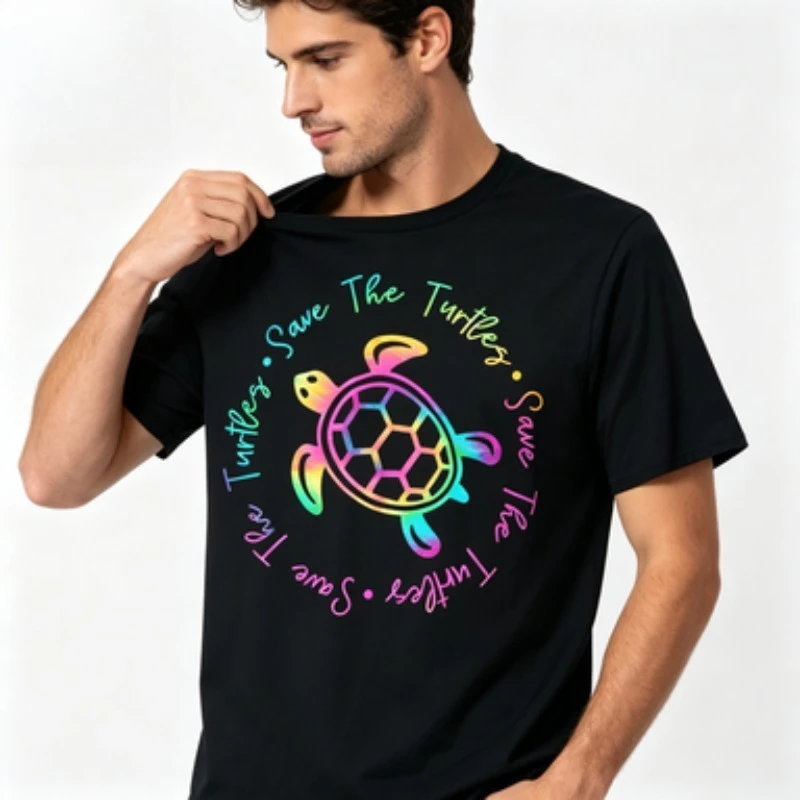 Soft  Short‑sleeve T‑Shirt Save The Turtles Colorful Gradient Turtle Art Print Environmental‑awareness Daily‑wear Summer Clothes