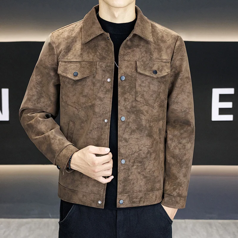 

High Quali Men's Leather Jaet Vintage Collar Button Design Windproof Long Sve Cotton Blend Commute Sle Color