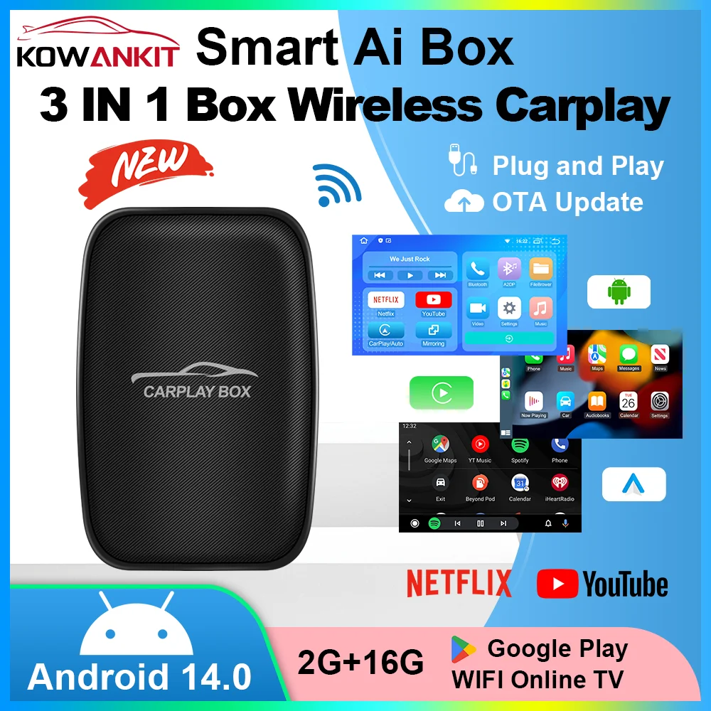 

3 в 1 беспроводной Carplay Apple Android Auto Smart Ai Box с Android 14 Wifi6 16G Kowankit 2026 Plug & Play подходит для автомобилей с 2016+