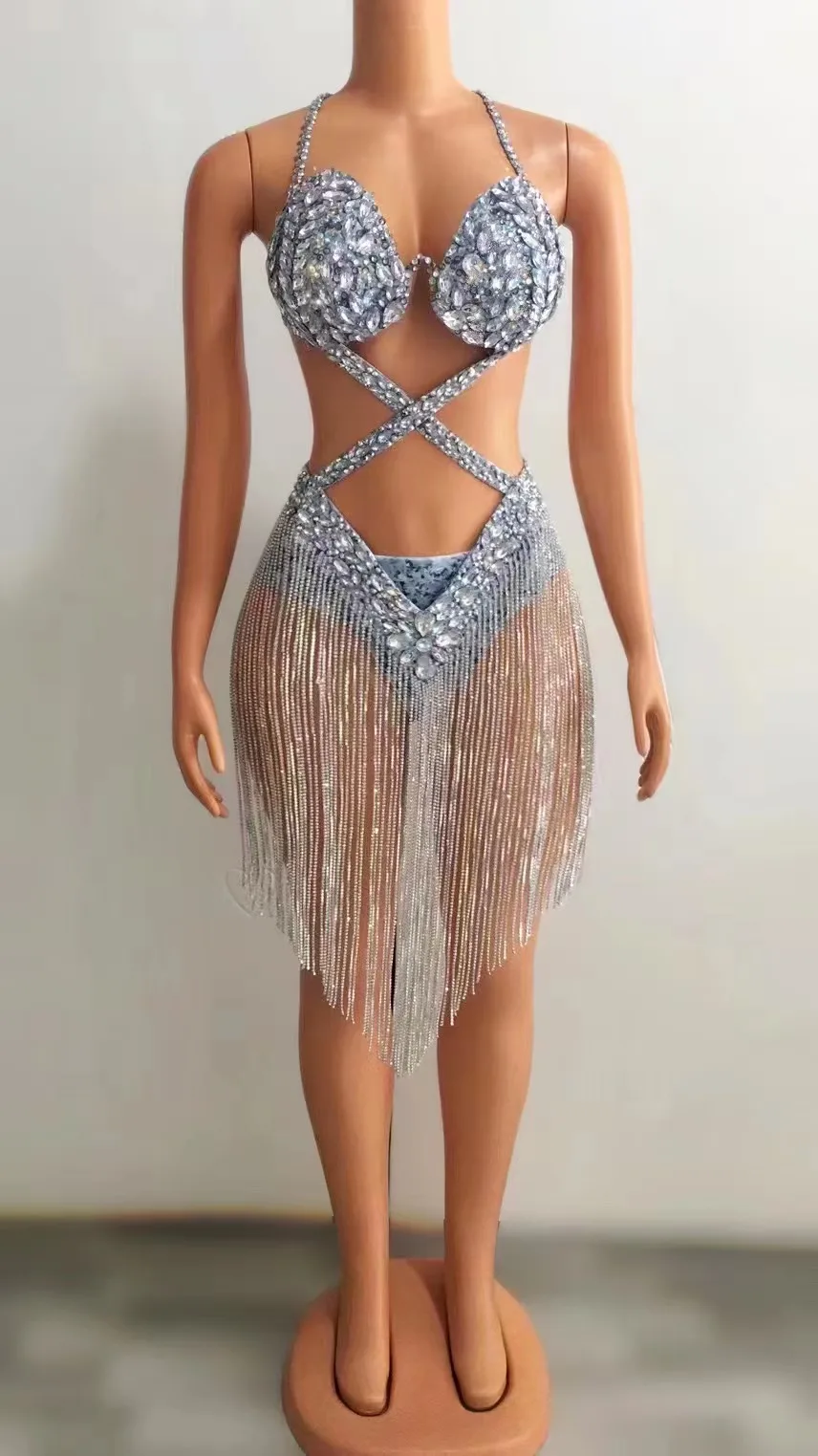 

Women Sexy Luxurious Crystals RhinestonesChains Backless Leotard Skirt Evening PromCelebriate Birthday Outfit Dance Costume