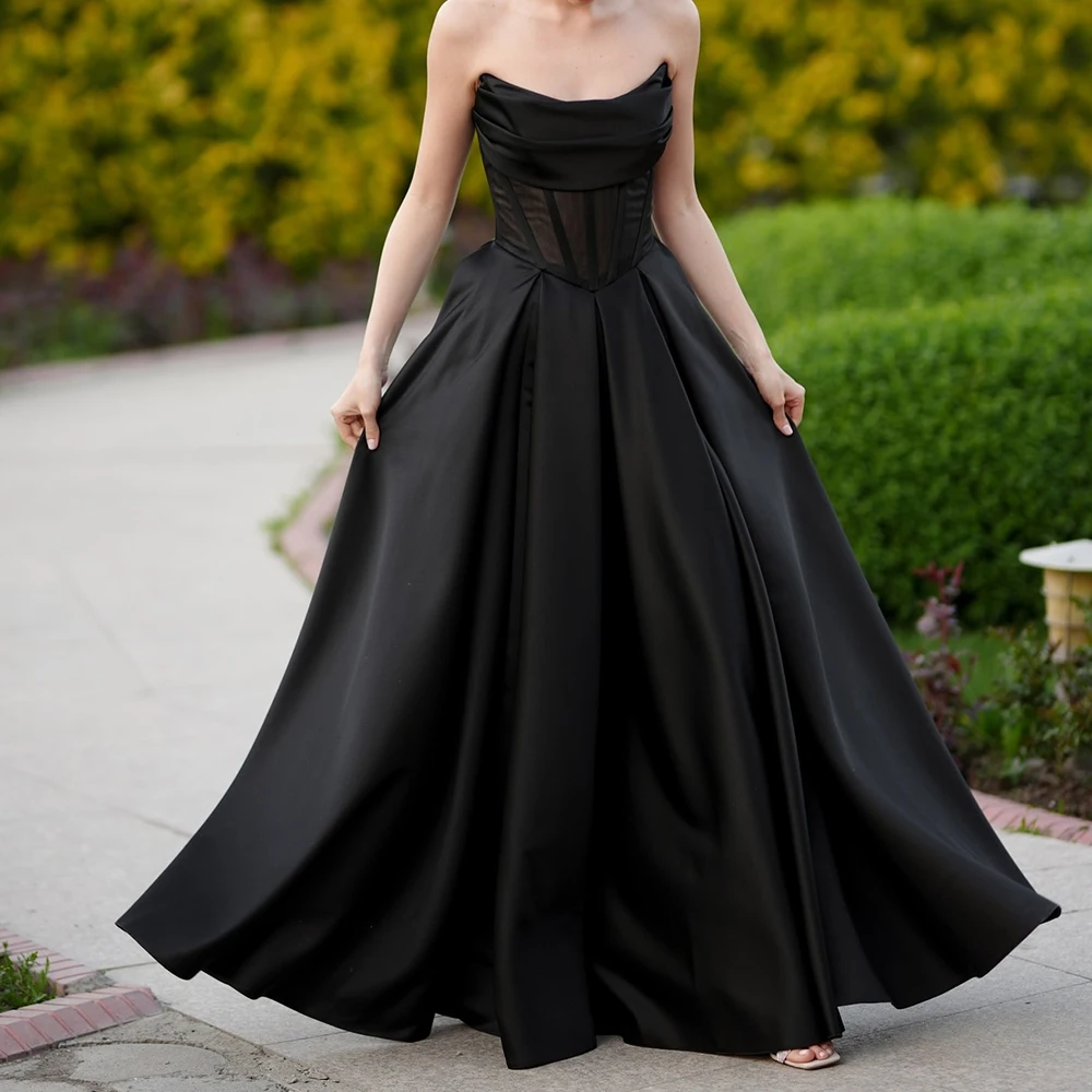 فساتين سهرة مخصصة على شكل حرف A بطول الأرض بدون حمالات بدون أكمام فستان حفلات أنيق مطوي بسيط ثنيات بدون ظهر #1