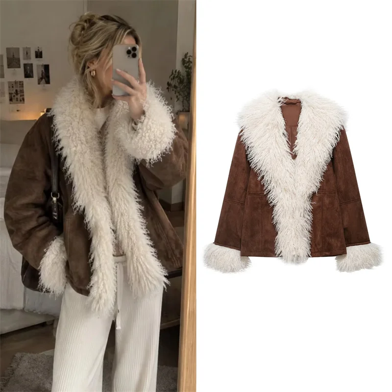Guobioziy Women's Jacket 2026 Fall/Winter New Retro Fashion Versatile Long-Sleeve V-Neck Patchwork Faux Fur Effect Jacket