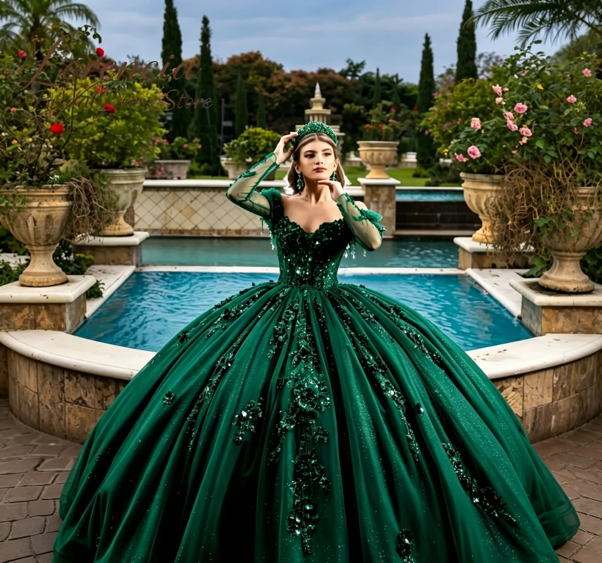 Luxury Handmade Flower Appliques Quinceanera Dress Sheer Long Sleeve Corset Bodice Glitter Tulle Princess Ball Gown Customized
