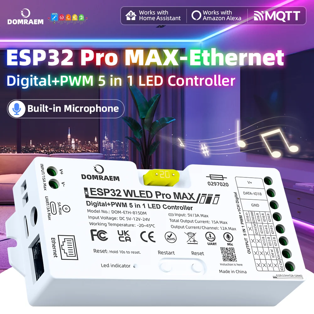 domraem-esp32-wled-オールインワン-led-コントローラー-pro-pro-max-デジタル-pwm-5in1-イーサネット-wifi-音楽同期-alexa-ホームアシスタント-ws2812b