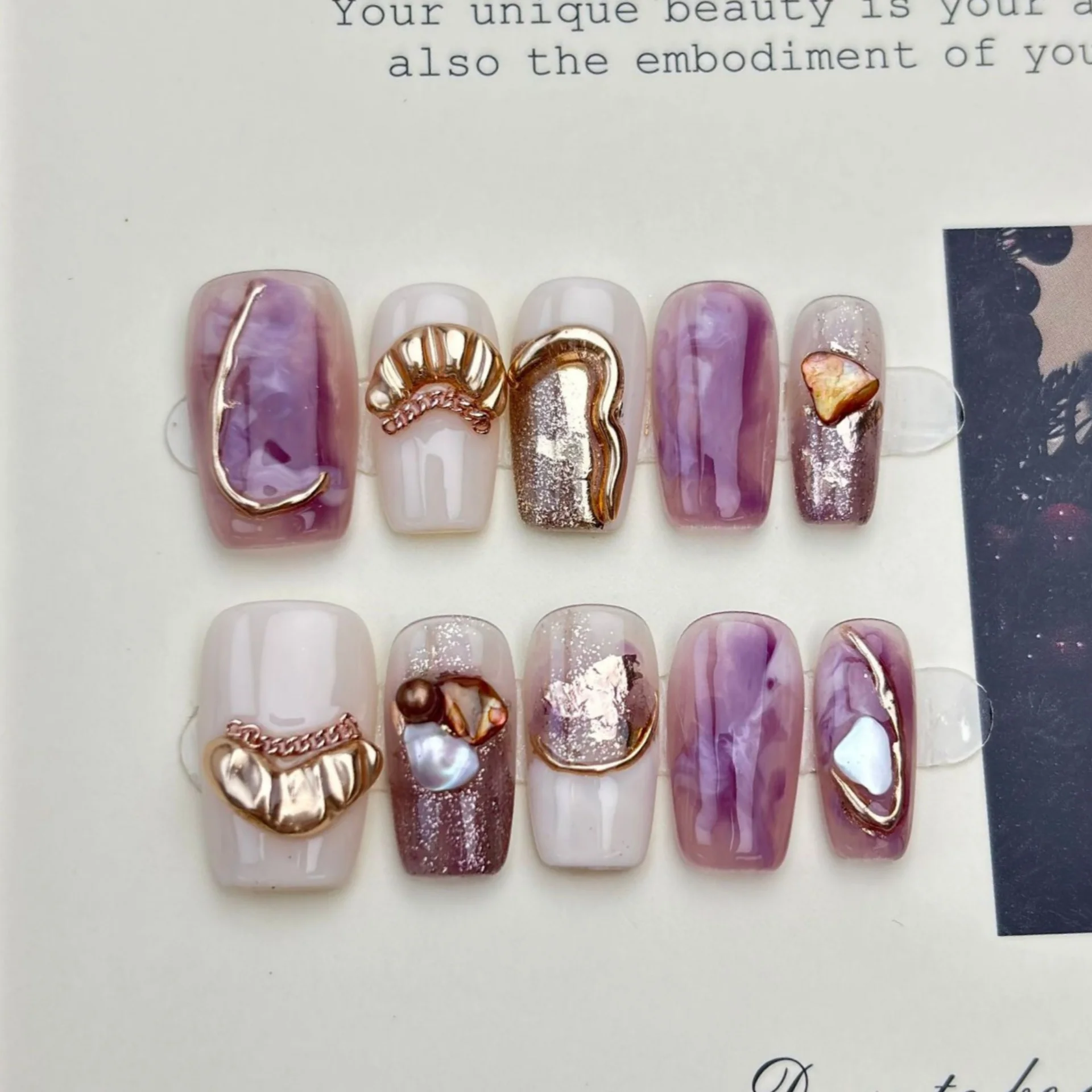 

10pcs Smudge Purple Full Cover Nail Tips Golden Lines Handmade Fake Nails Art Glitter Mid-length Square Press on False Nails Set